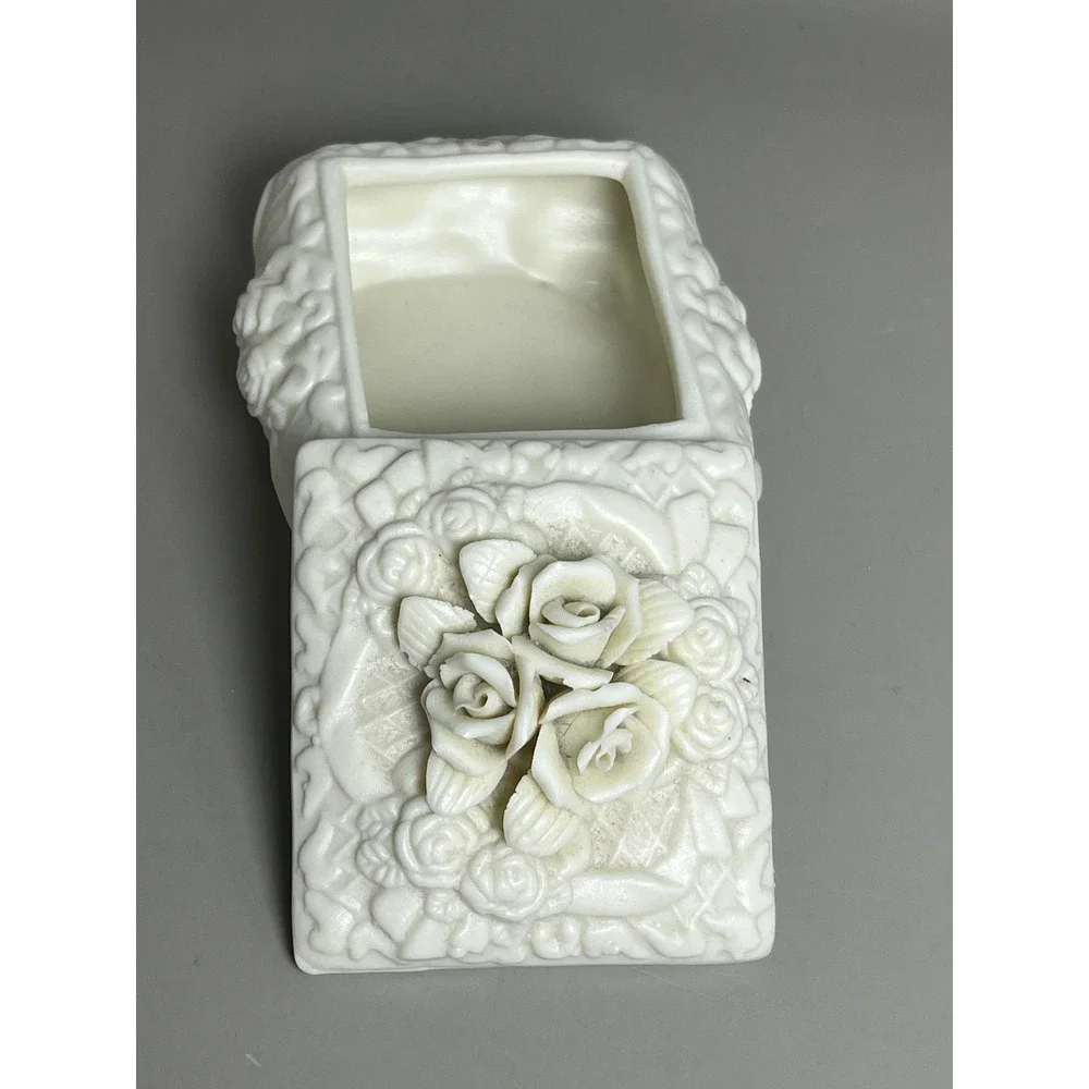 White Porcelain Bisque Jewelry Trinket Dish Roses Victorian 3